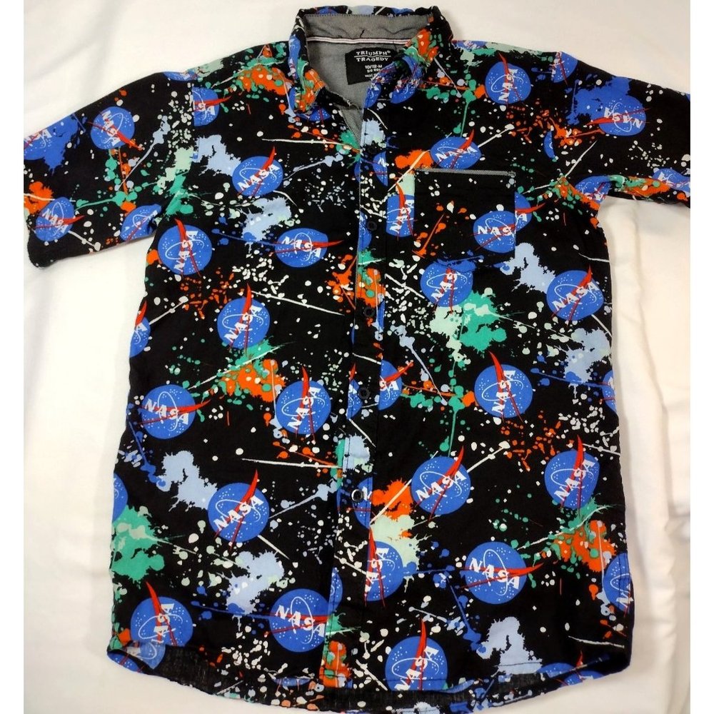 Triumph Over Tragedy Nasa Shirt Boys size 10/12 Med button front short sleeve